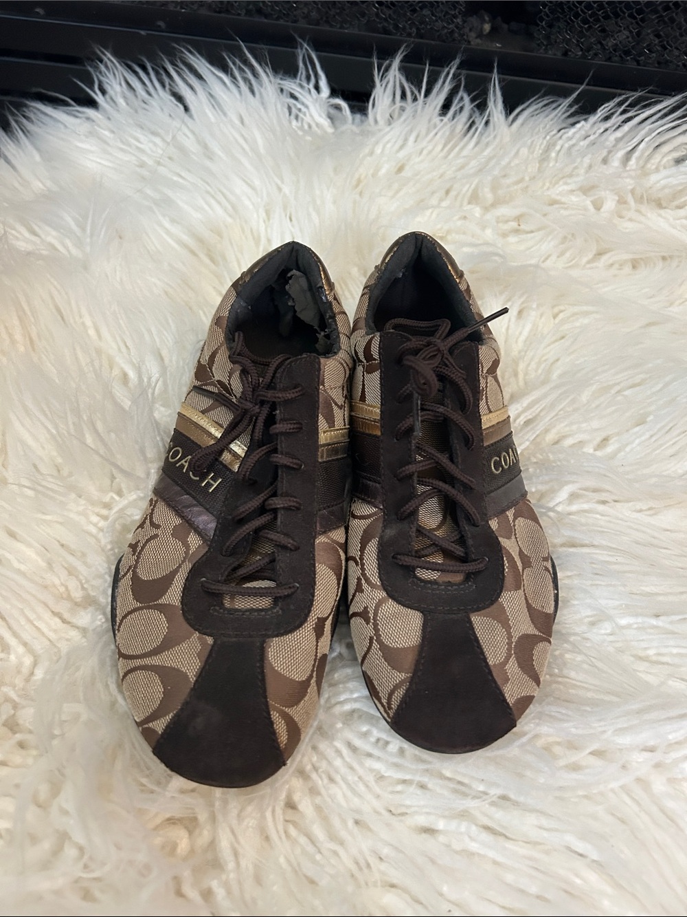 Coach Brown Logo-Print womens Sneakers with Gold Stripe size 8m
